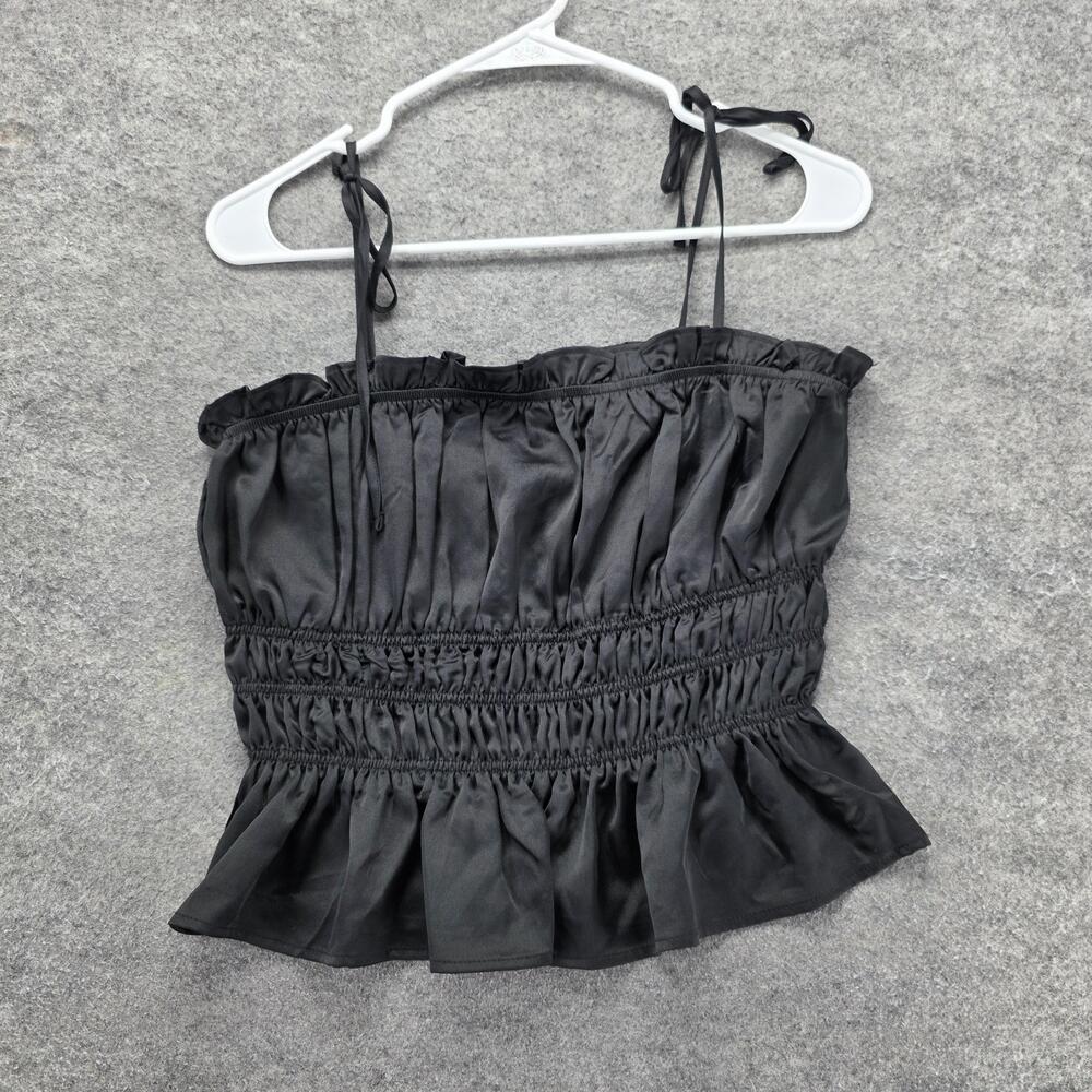 Mi Ami Tank Womens L Black Camisole Square Neck Ruffle Strap Satin Adjustable